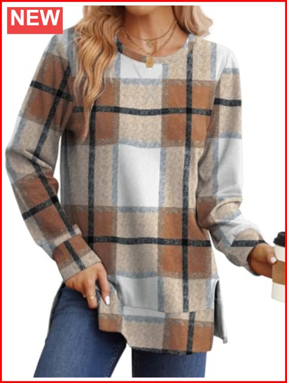 Womens Plaid Sweatshirt Long Sleeve Side Split Hem Lightweight